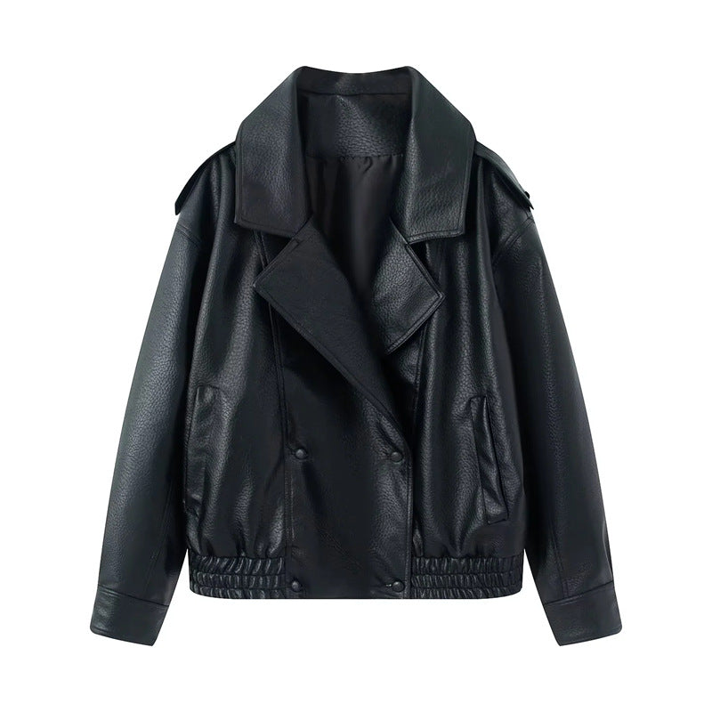Women's short oversized faux leather blouson with shawl collar, snap button double row and elastic hem Mune Fashion