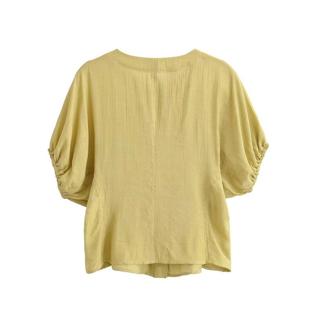 Women Lightweight Crinkle Blouse Shirt with Button Placket and Gathered Balloon Sleeves Mune Fashion
