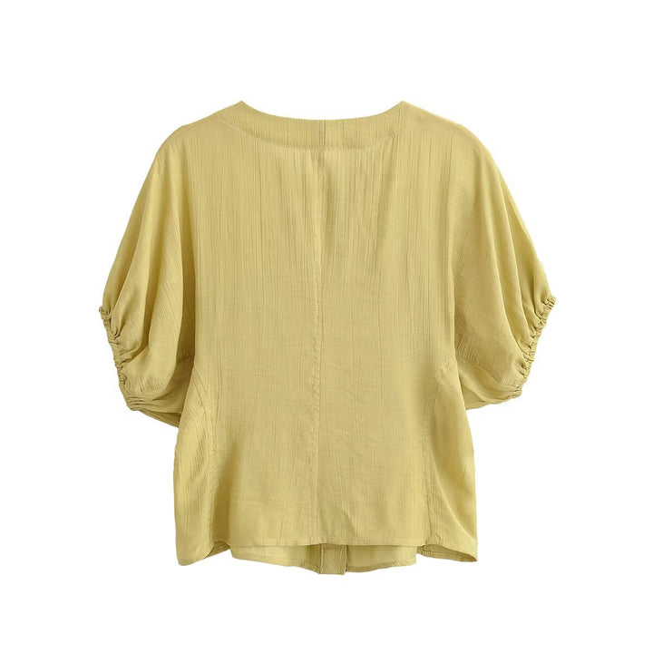 Women Lightweight Crinkle Blouse Shirt with Button Placket and Gathered Balloon Sleeves Mune Fashion