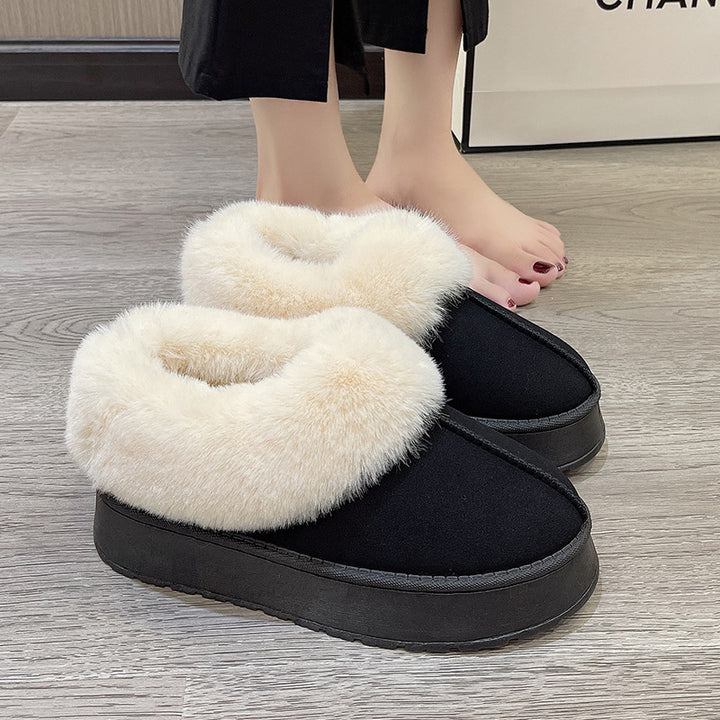 Women Padded Platform Slippers with Fur Collar and Non-Slip Profile Sole Mune Fashion
