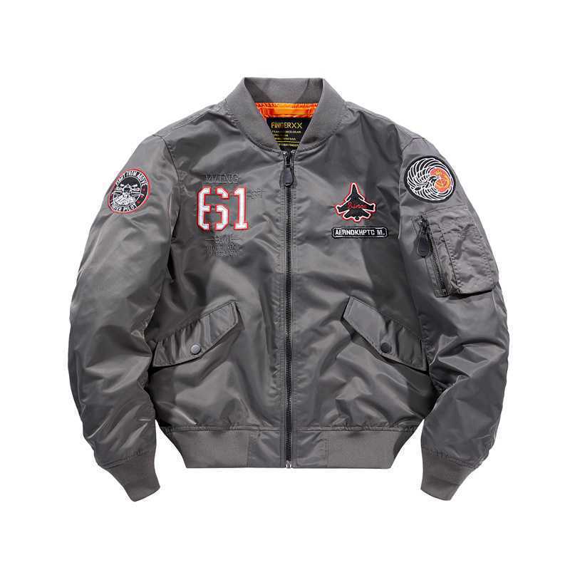 Men's short-cut flight bomber jacket with emblem patch, sleeve utility pocket and contrasting interior lining Mune Fashion