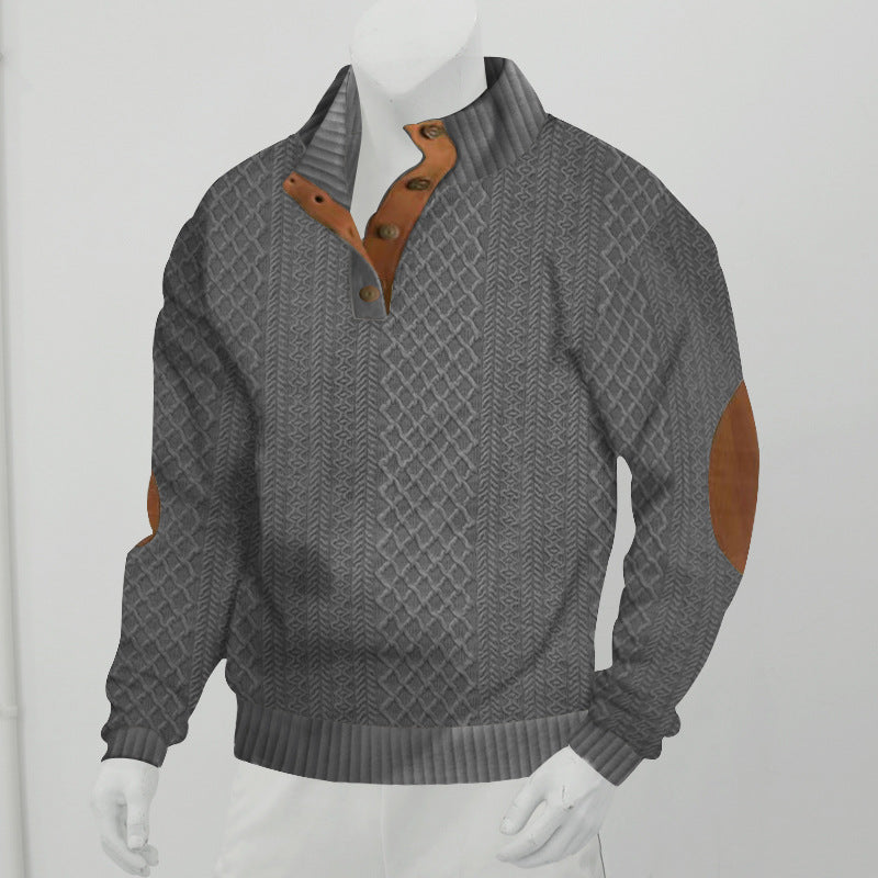 Men's chunky cable knit Troyer with button placket and suede elbow patches Mune Fashion