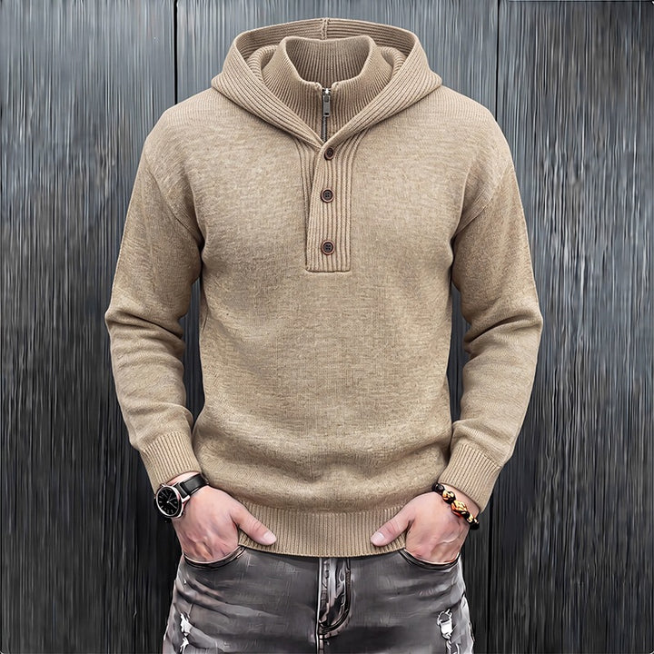 Men's fine knit hooded pullover with half zipper and button placket Mune Fashion