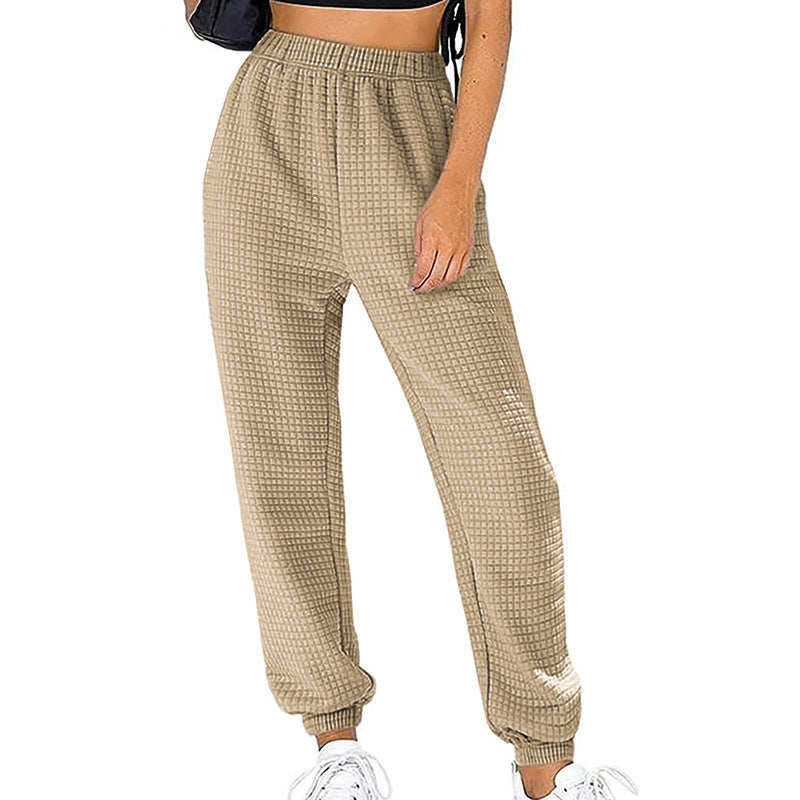 Women Waffle Knit Jogging Pants with High Waist and Elastic Cuffs Mune Fashion