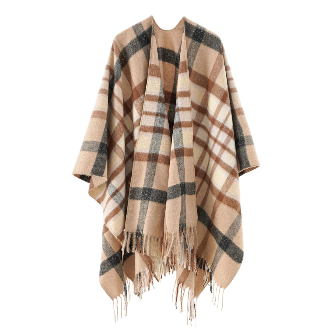 Women Oversize checked wool poncho with fringes Mune Fashion