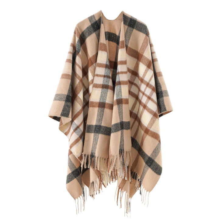 Women Oversize checked wool poncho with fringes Mune Fashion