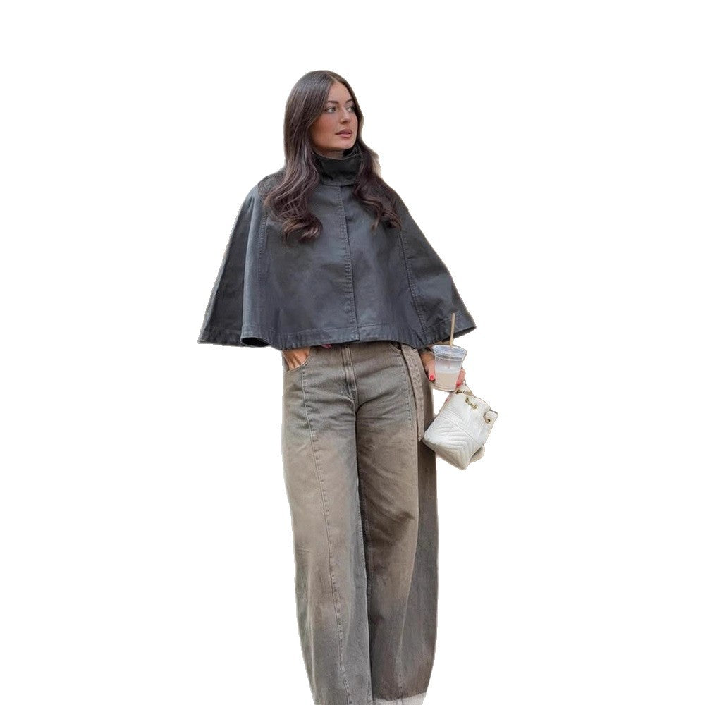 Women's Short Leather Cape Jacket with High Stand Collar and Boxy Cropped Silhouette Mune Fashion