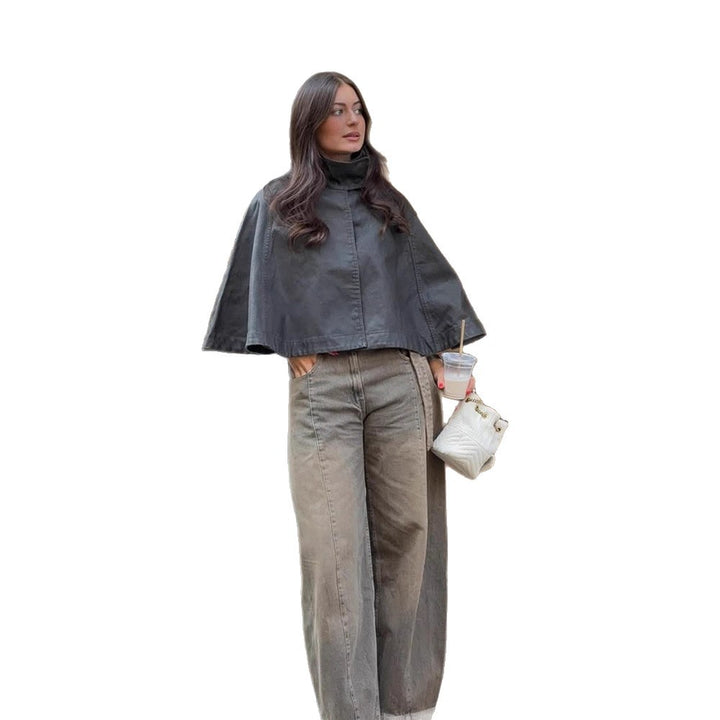 Women's Short Leather Cape Jacket with High Stand Collar and Boxy Cropped Silhouette Mune Fashion