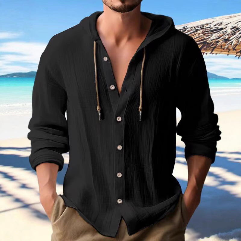 Men's casual linen shirt with hood, button placket, and roll-up sleeves Mune Fashion