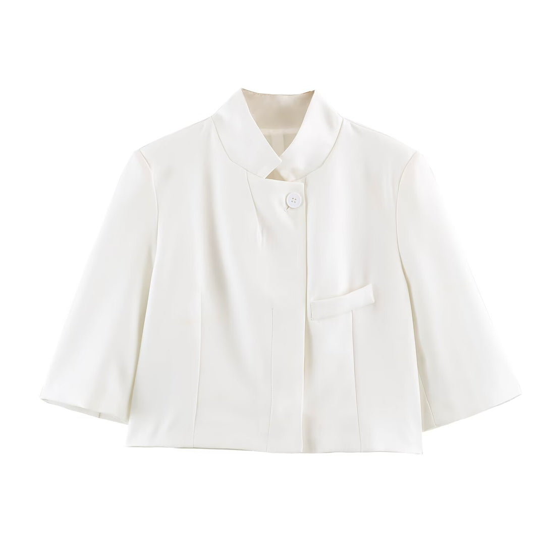 Women Elegant Cropped Jacket with Standing Collar, Concealed Button Placket and 3/4 Sleeves Mune Fashion