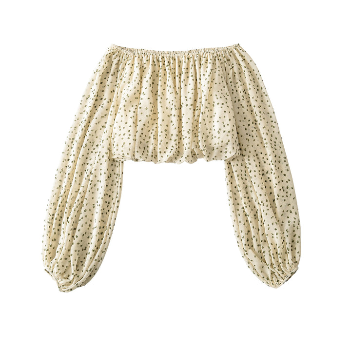 Ladies Carmen Cropped Chiffon Blouse with Elastic, Ruffle Trim and Long Balloon Sleeves Mune Fashion