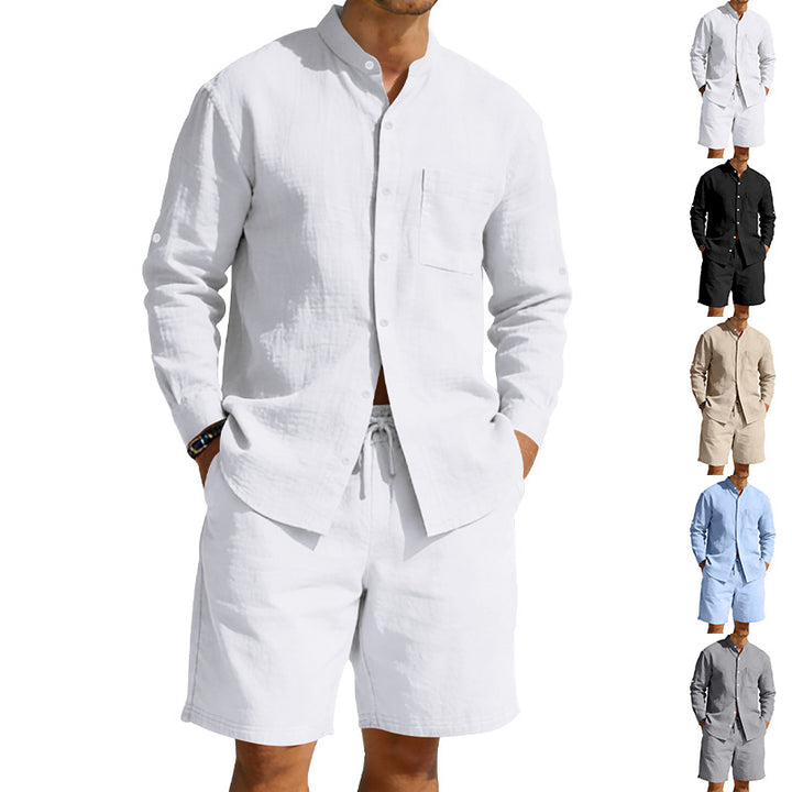 Men's casual linen set with stand collar shirt and drawstring shorts Mune Fashion