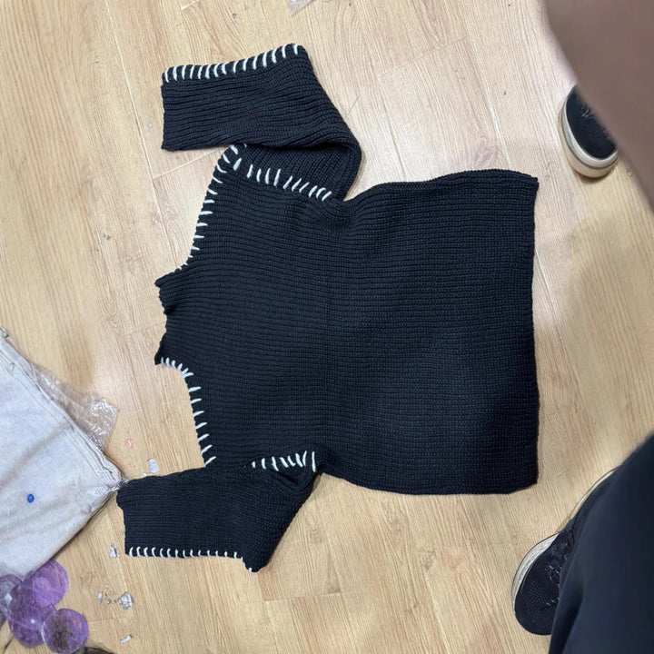Women's Oversize Knit Sweater with Stand Collar, Balloon Sleeves and Decorative Stitch Mune Fashion