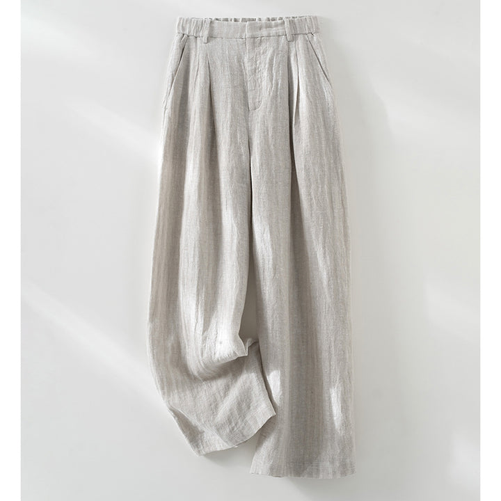 Women's Lightweight Linen Trousers with Wide Leg, Pleats and Elastic Back Mune Fashion