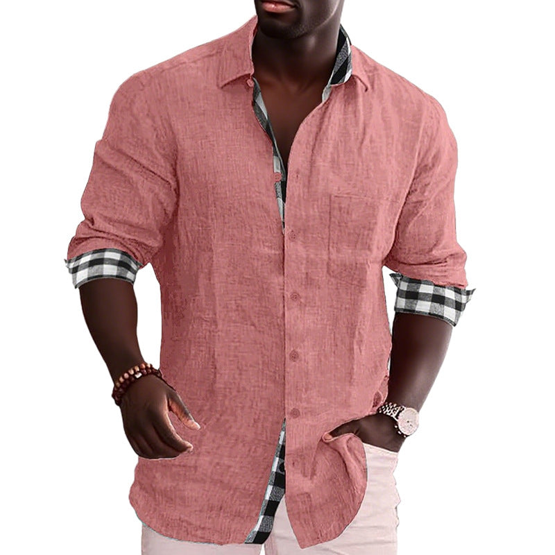 Men's linen mix casual shirt with contrasting check cuffs and a patch breast pocket Mune Fashion