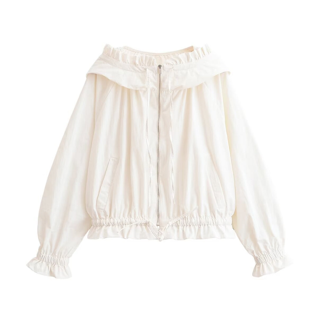 Women's Lightweight Hooded Jacket with Ruffled Collar, Drawstring and Elastic Hem Mune Fashion