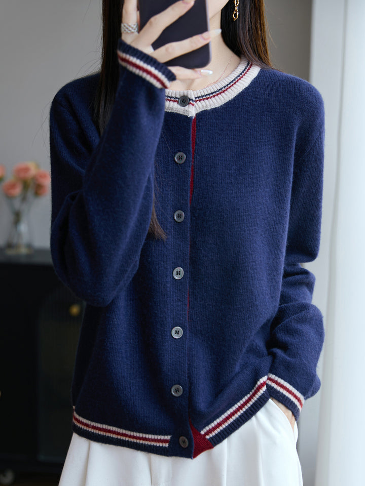 Women's Loose Fine Knit Cardigan with Contrast Stripes on Collar and Cuffs Mune Fashion