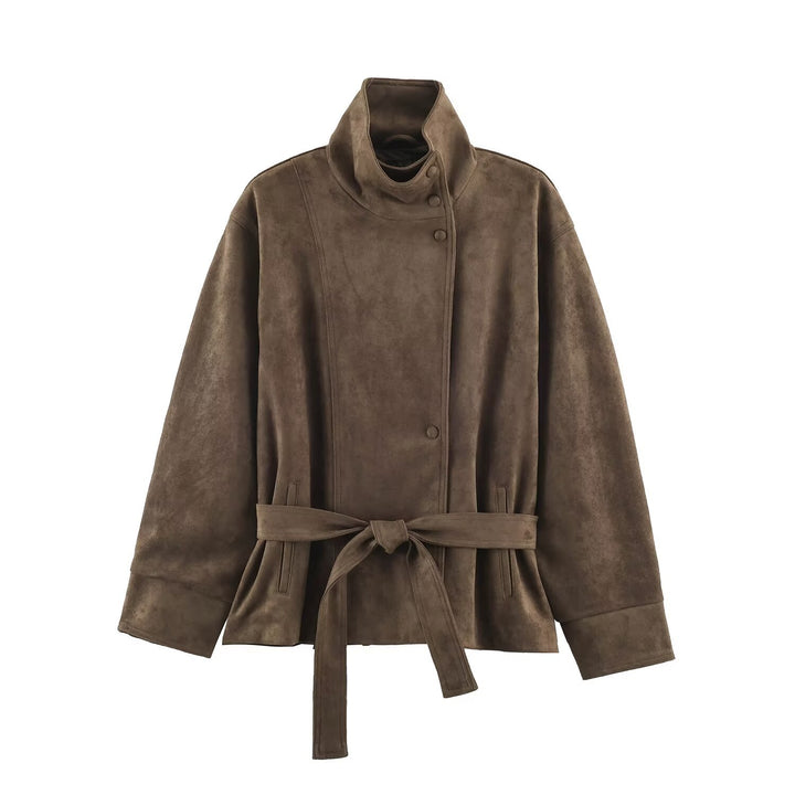 Women's short jacket made of suede look with stand-up collar and tie belt Drune