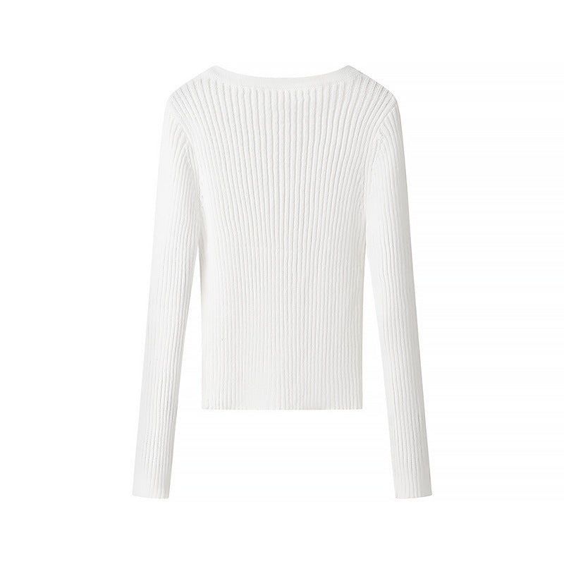 Women's Ribbed Long Sleeve Top with Deep V-Neck and Eyelet Trim Mune Fashion
