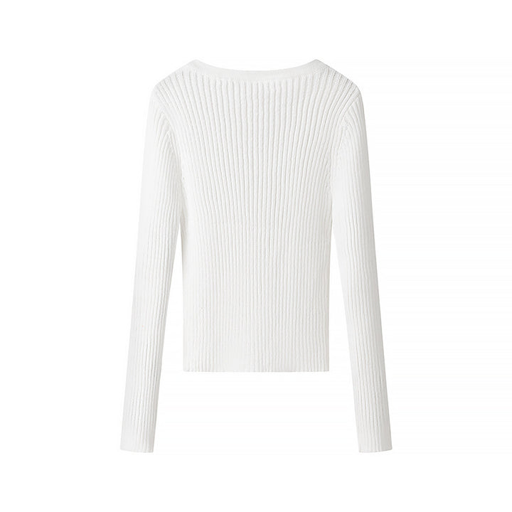Women's Ribbed Long Sleeve Top with Deep V-Neck and Eyelet Trim Mune Fashion