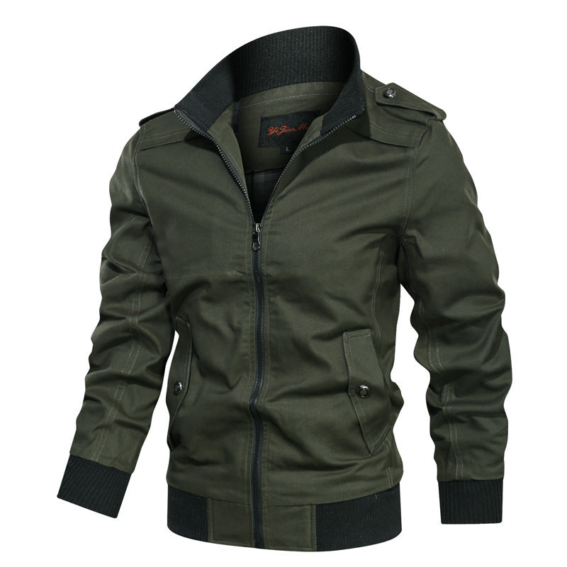 Men's lightweight canvas urban jacket in bomber style with high collar and concealed two-way zipper.