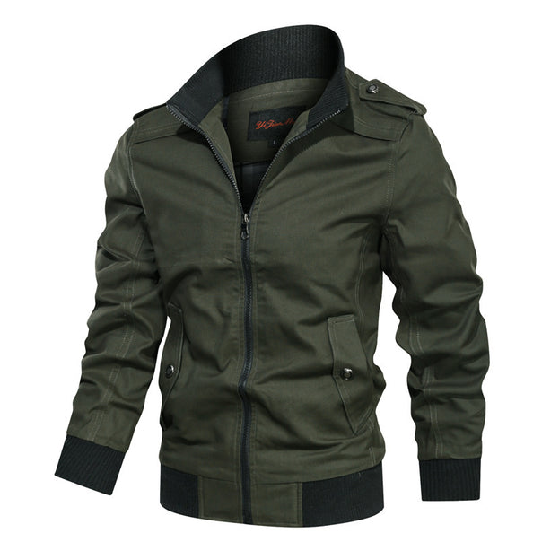 Men's lightweight canvas urban jacket in bomber style with high collar and concealed two-way zipper.