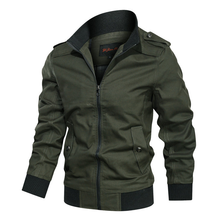 Men's lightweight canvas urban jacket in bomber style with high collar and concealed two-way zipper.