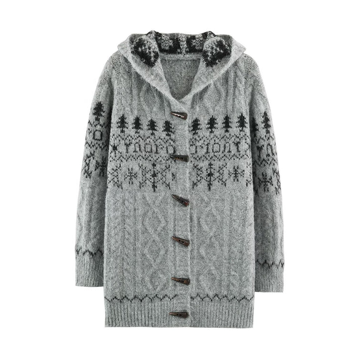 Women's Coarse Knit Hooded Cardigan with Horn Buttons and Norwegian Pattern Mune Fashion