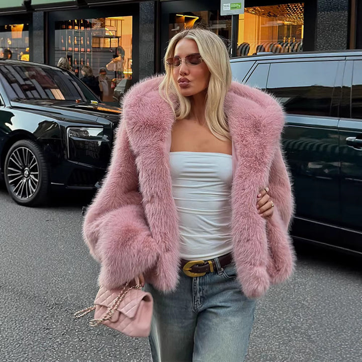 Women Short Jacket made of Faux Fur with Voluminous Shawl Collar and Oversize Silhouette Mune Fashion