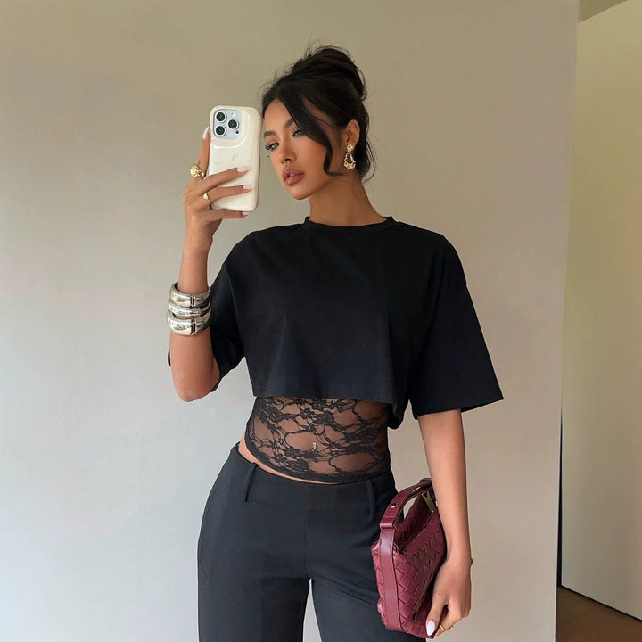 Women's short-cut jersey shirt with boxy fit, round neck and short sleeves Mune Fashion