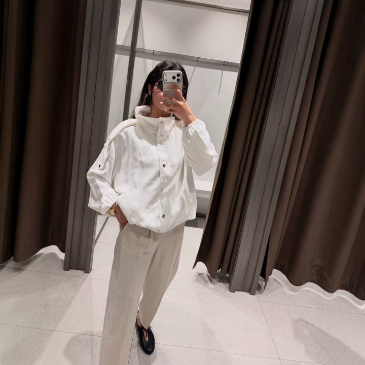 Women's Cropped Boxy Canvas Jacket with Funnel Neck, Snap Button Closure, and Shoulder Patches Mune Fashion