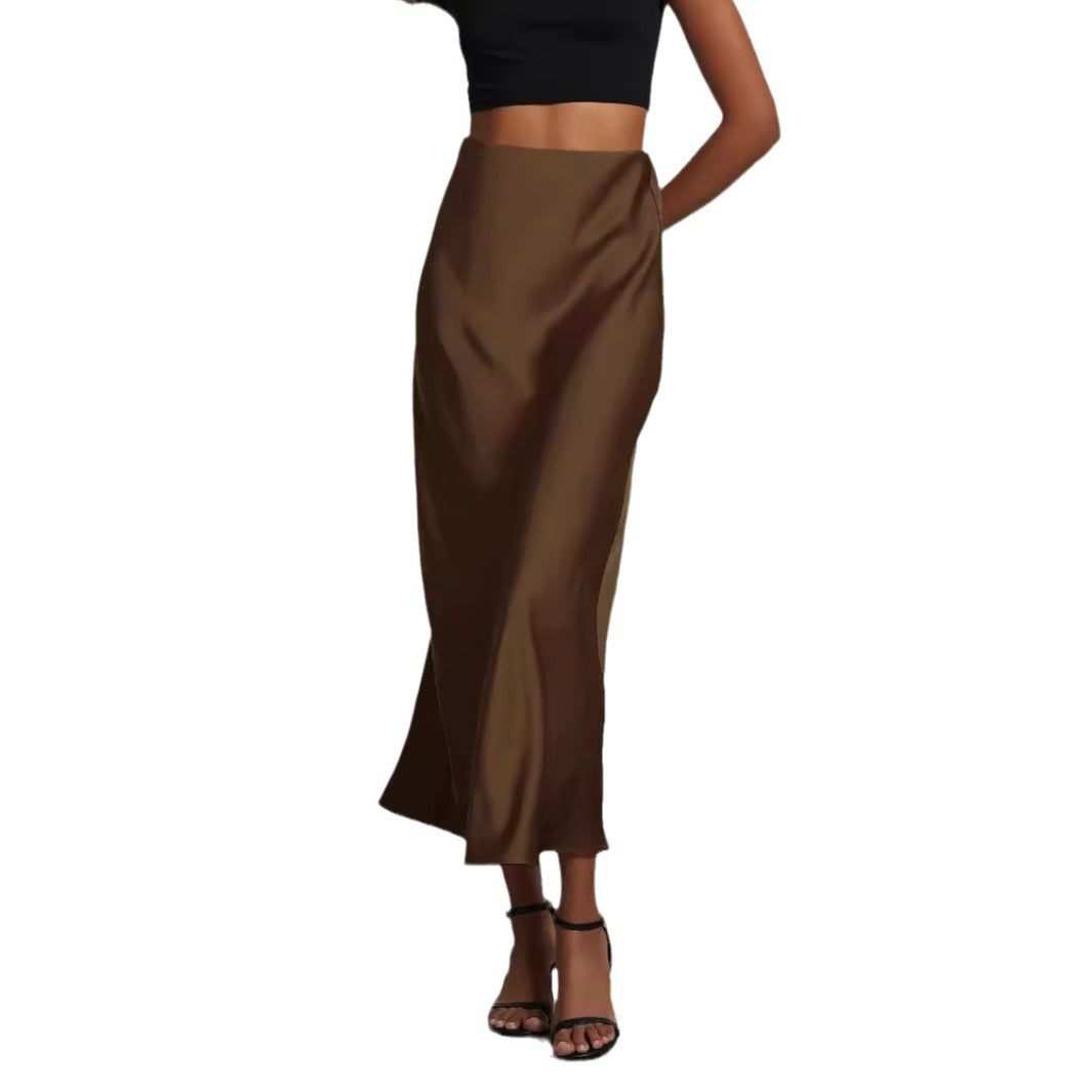 Ladies Satin Midi Skirt with High Waist and Asymmetrical Cut Mune Fashion