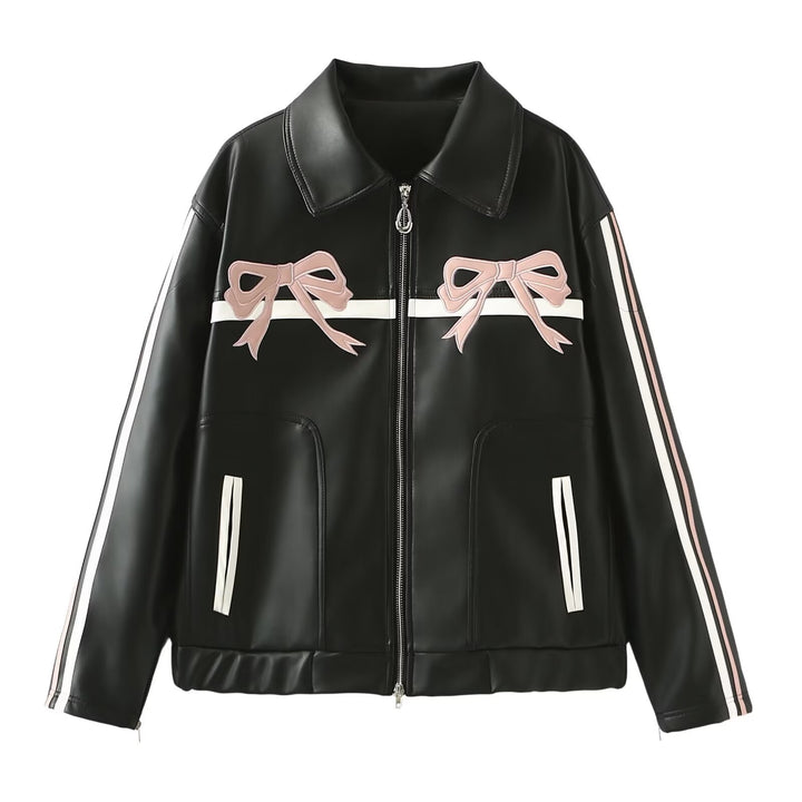 Ladies nan sporty faux leather jacket with bow appliqué and contrasting side stripes Mune Fashion