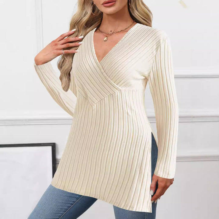 Women Ribbed Wrap V-Neck Long Sweater with Waist Emphasis and Side Slits Mune Fashion