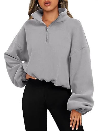 Women's cropped half-zip sweatshirt with high standing collar, balloon sleeves and elastic hem Mune Fashion