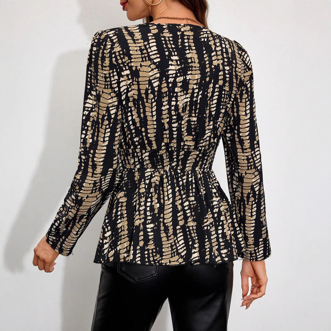 Women’s V-neck Peplum blouse with wrap effect and graphic print Mune Fashion
