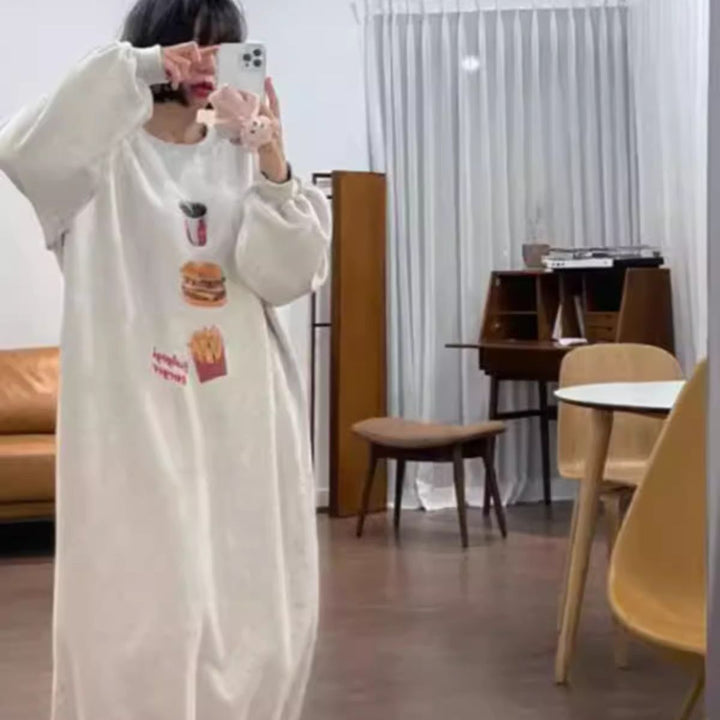 Women Long Oversized Sweat Dress with Fries Print, Raglan Sleeves and Side Pockets Mune Fashion
