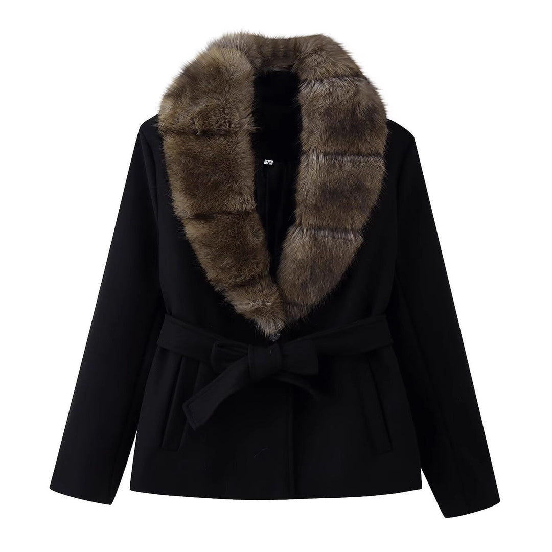 Women's Short Wool Blend Coat with Removable Faux Fur Shawl Collar and Waist Belt Mune Fashion