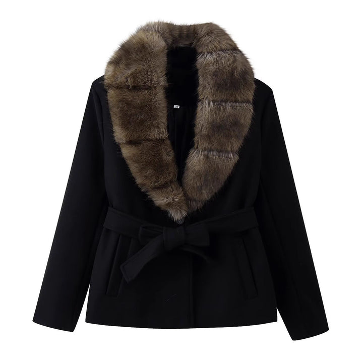Women's Short Wool Blend Coat with Removable Faux Fur Shawl Collar and Waist Belt Mune Fashion