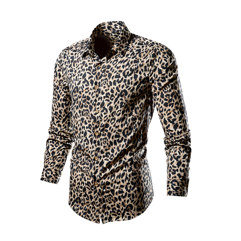 Men's fitted long-sleeve shirt with striking leopard print, lightweight satin look, and elastic slim fit Mune Fashion