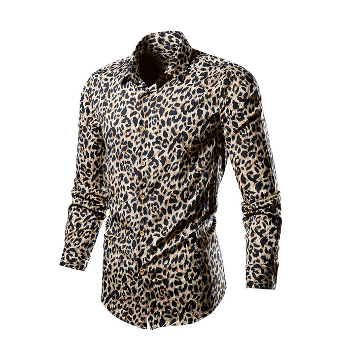 Men's fitted long-sleeve shirt with striking leopard print, lightweight satin look, and elastic slim fit Mune Fashion
