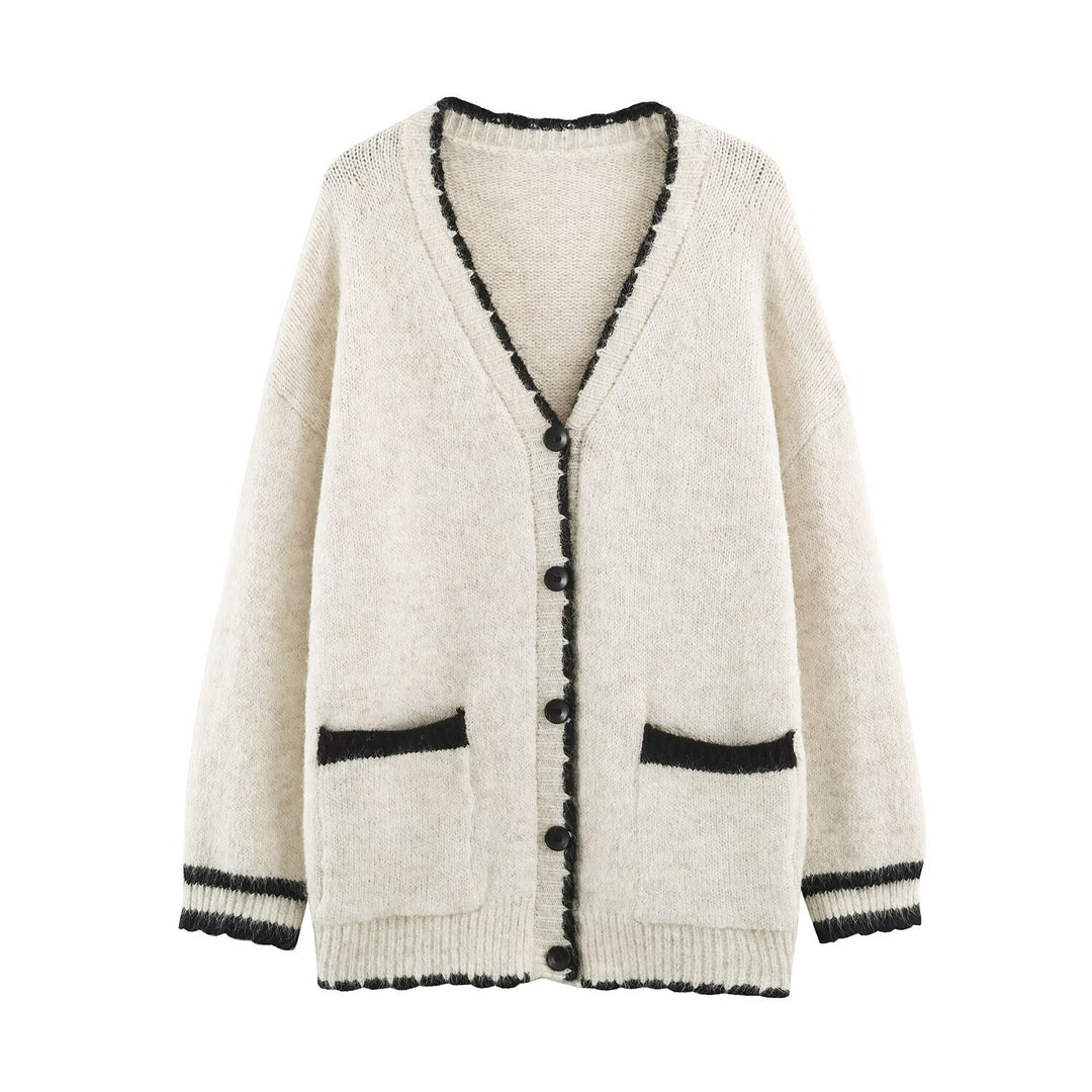 Women's Oversize Knit Cardigan with V-Neck, Button Placket and Contrasting Decorative Edges Mune Fashion