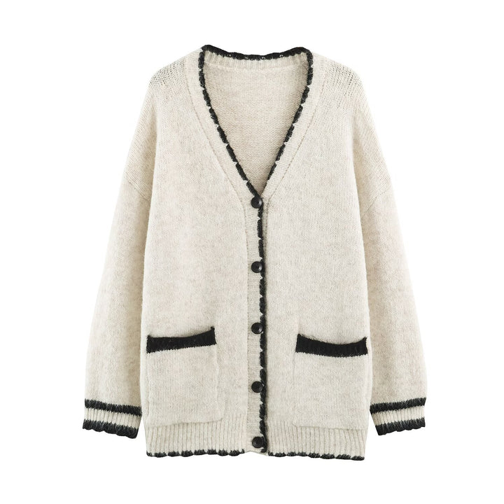 Women's Oversize Knit Cardigan with V-Neck, Button Placket and Contrasting Decorative Edges Mune Fashion
