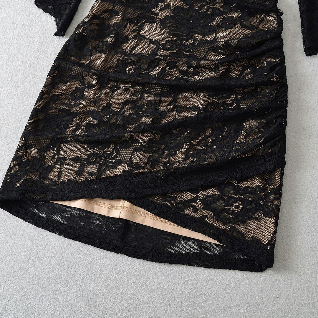 Women's lace wrap dress with trumpet sleeves and gathered silhouette Mune Fashion