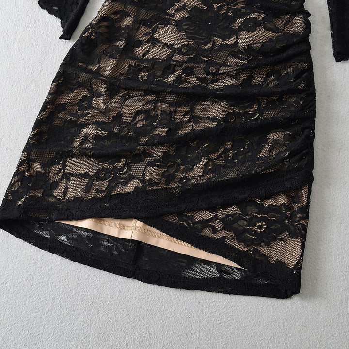 Women's lace wrap dress with trumpet sleeves and gathered silhouette Mune Fashion