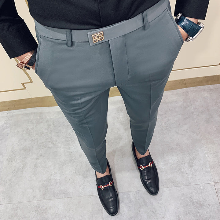 Men's trendy tapered dress pants with crease, stretch comfort, and concealed hook closure Mune Fashion