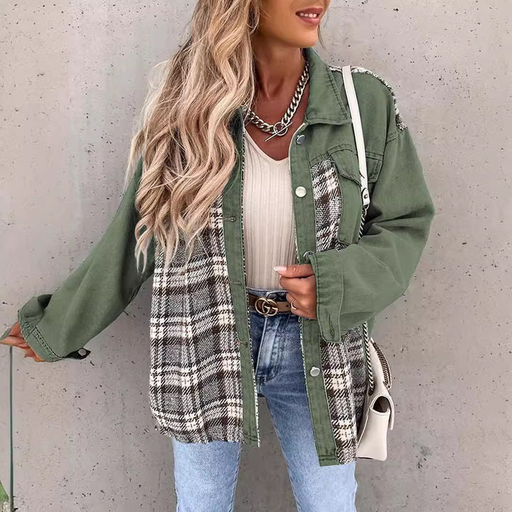 Women's casual shacket made of corduroy fabric with checked panel inserts and snap button closure Mune Fashion