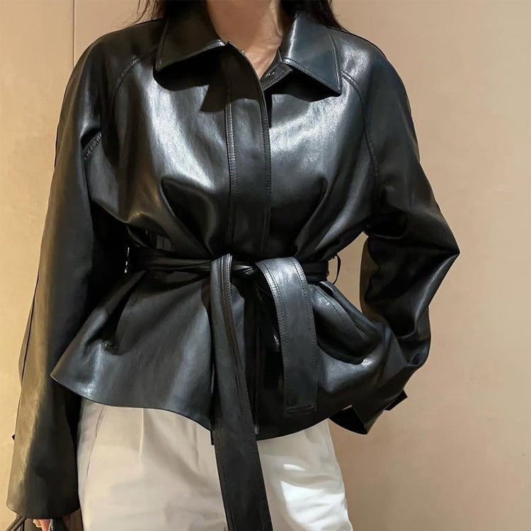 Women's Tailorable Faux Leather Jacket with Wrap Belt and Boxy Silhouette Mune Fashion
