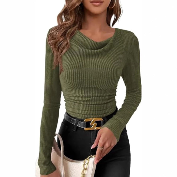 Women's fitted fine-rib long sleeve with asymmetric waterfall collar Drune