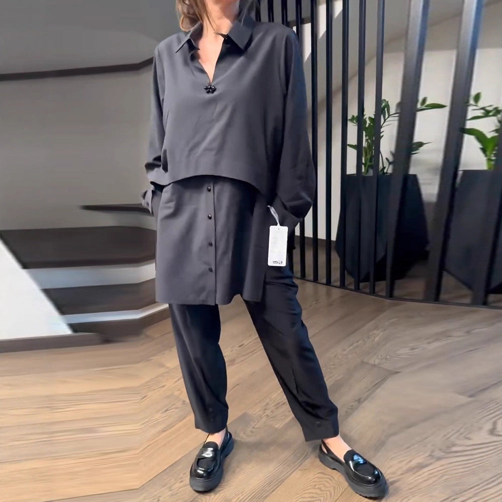 Women's Urban Layered Shirt Set with Overlapping Short Overlay and Tapered Pleated Trousers Mune Fashion